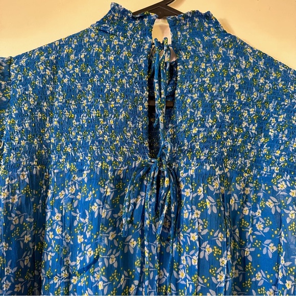 Free People Blue Floral Smocked Blouse - Long Sleeves - Back Double Tie/ S-M - Picture 3 of 6